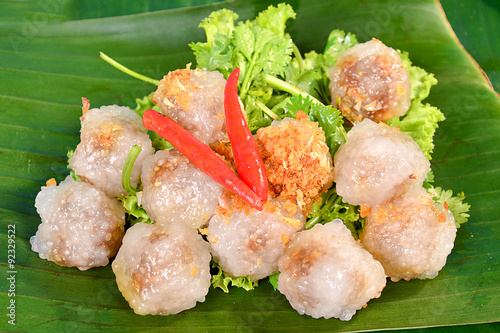 Thai dessert kanom sago on banana leaf  photo