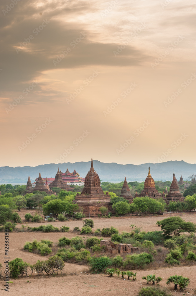 Pagoda landscape in the plain of Bagan, Myanmar