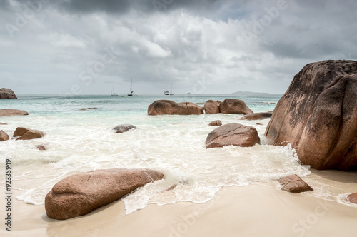 Anse Lazio beach, Praslin, Seychelles. Cloudy day.  photo