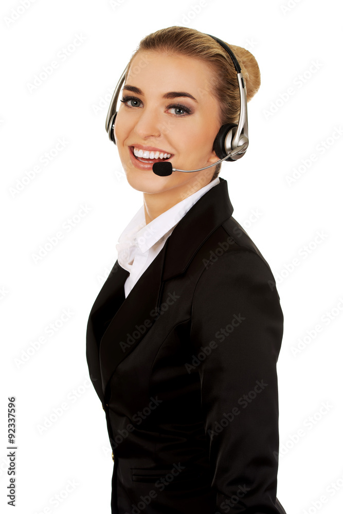 Happy young businesswoman with headset Happy young businesswoman with headset