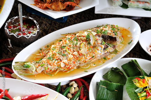 Wall Mural Steamed Fish with Chili Lime Sauce,thai lime fish,Steamed  fish in lime dressing