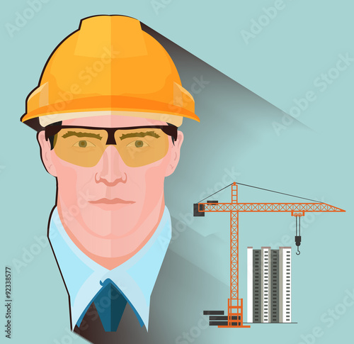 Construction engineer in hard hat, flat illustration