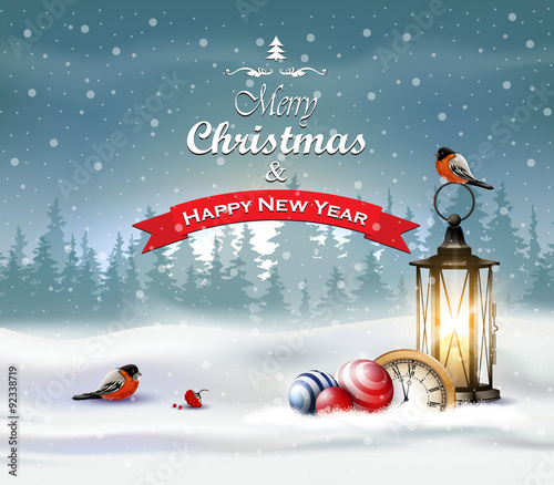 Merry Christmas greeting card. Winter landscape with lantern and bullfinch.