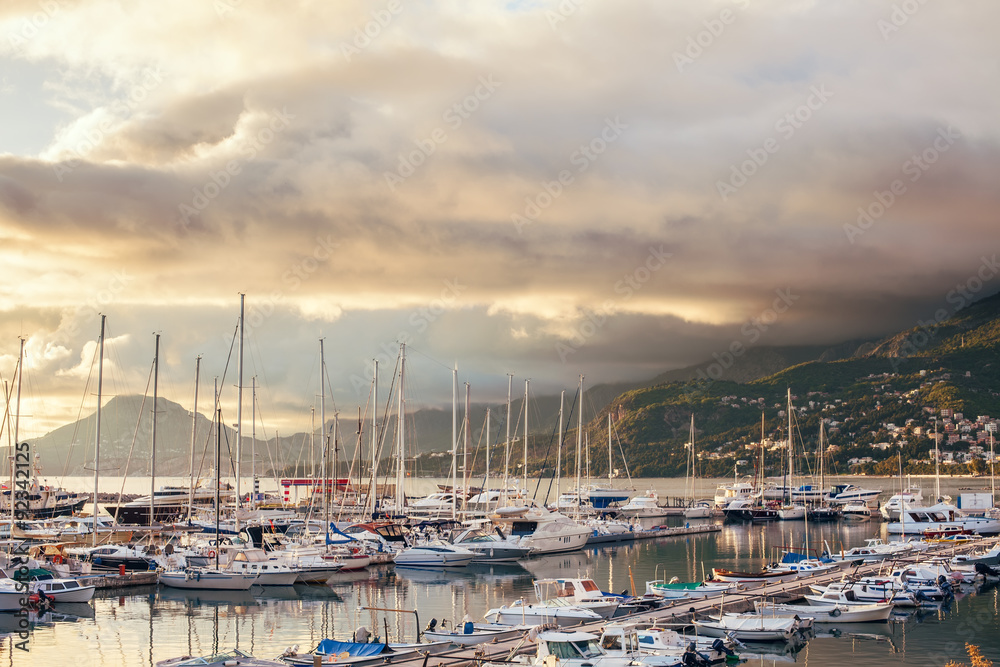 Yacht marina at sunset. Montenegro.