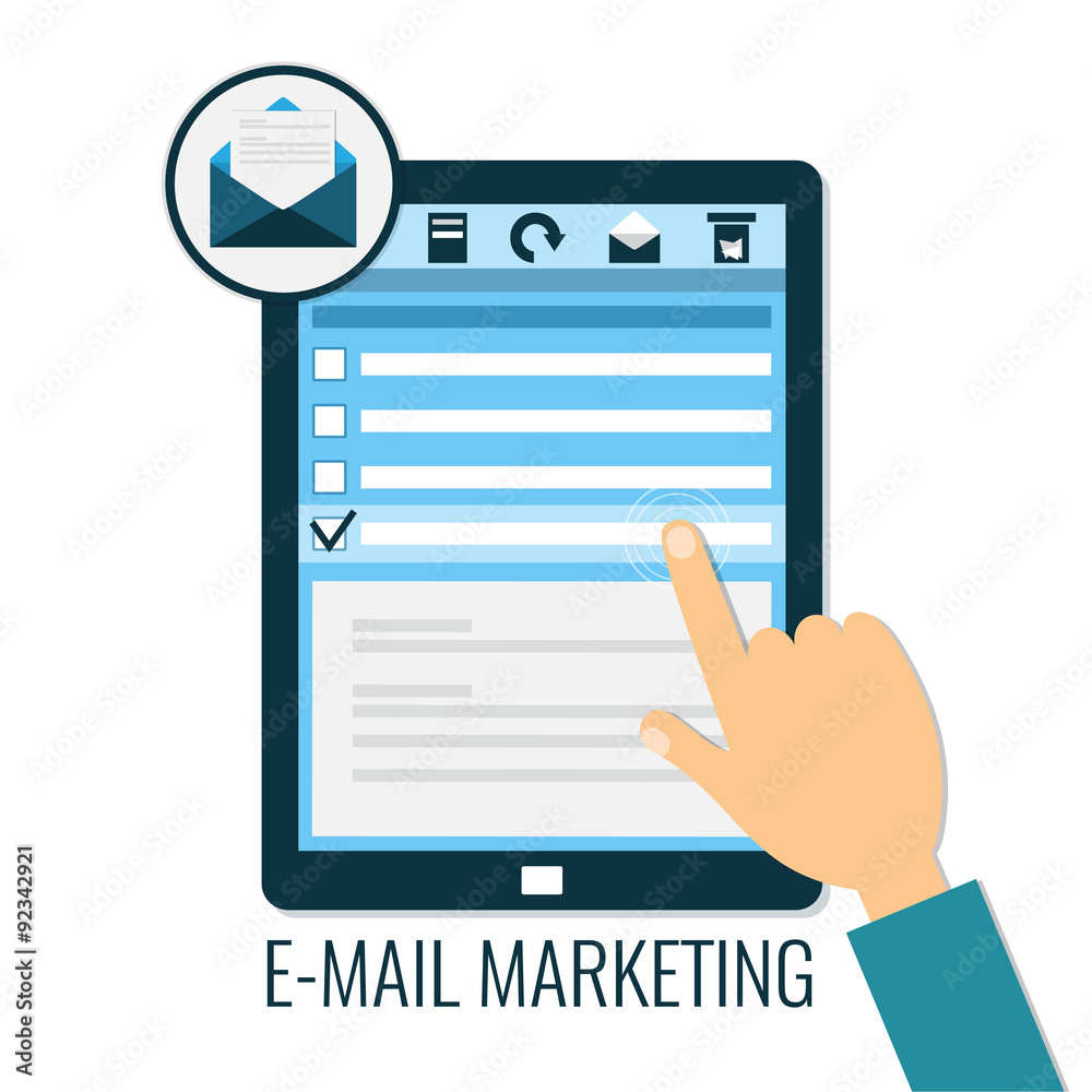 E-mail marketing concept. Computer tablet with hand opening message. Icon for e-mail in flat style E-mail marketing concept. Computer tablet with hand opening message. Icon for e-mail in flat style