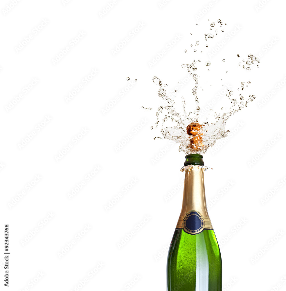 popping champagne bottle on white background. celebration, party and