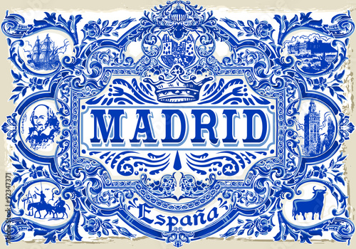 Indigo Blue Madrid Paint Tile Floor Oriental Spain Ornament Collection Seamless Patchwork Pattern Colorful Painted Tin Spanish Ceramic Tilework Vintage Illustration background Vector Pattern Brocade