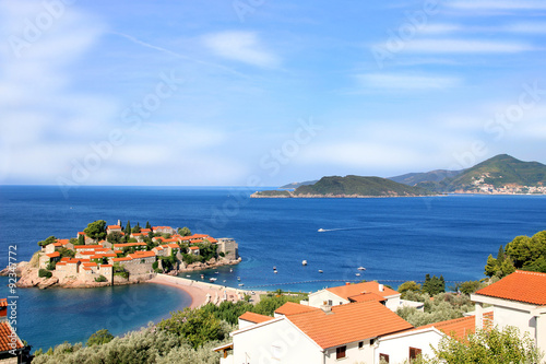 Sveti Stefan island in Budva, Montenegro, Balkans. Sea view. Adriatic sea. Riviera
