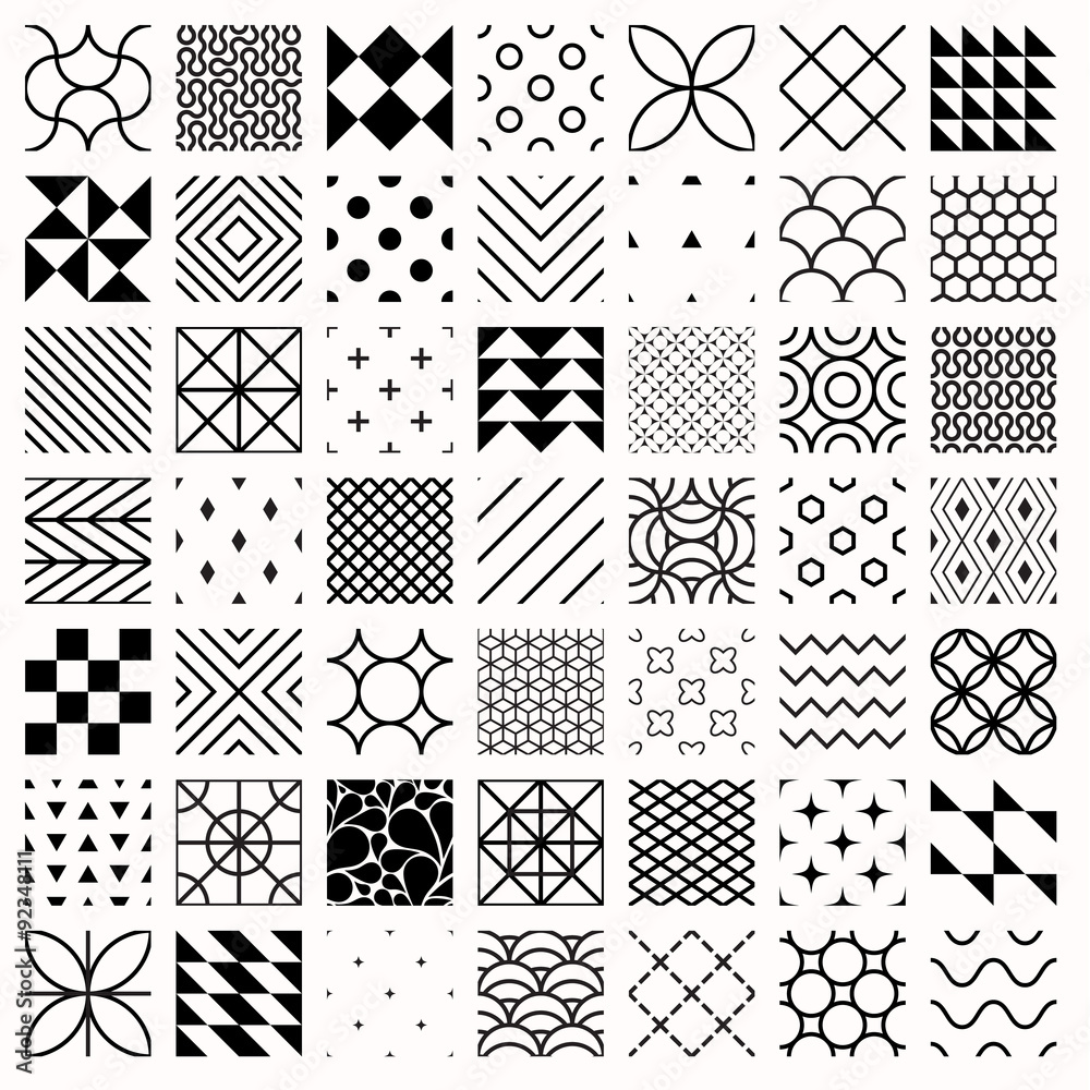 Set of geometric seamless patterns, triangles, lines, circles. Black ...