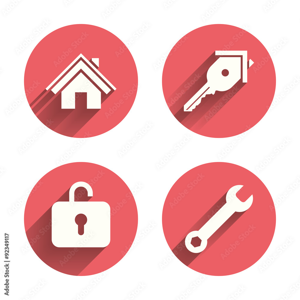 Home key icon. Wrench service tool symbol. Home key icon. Wrench service tool symbol.