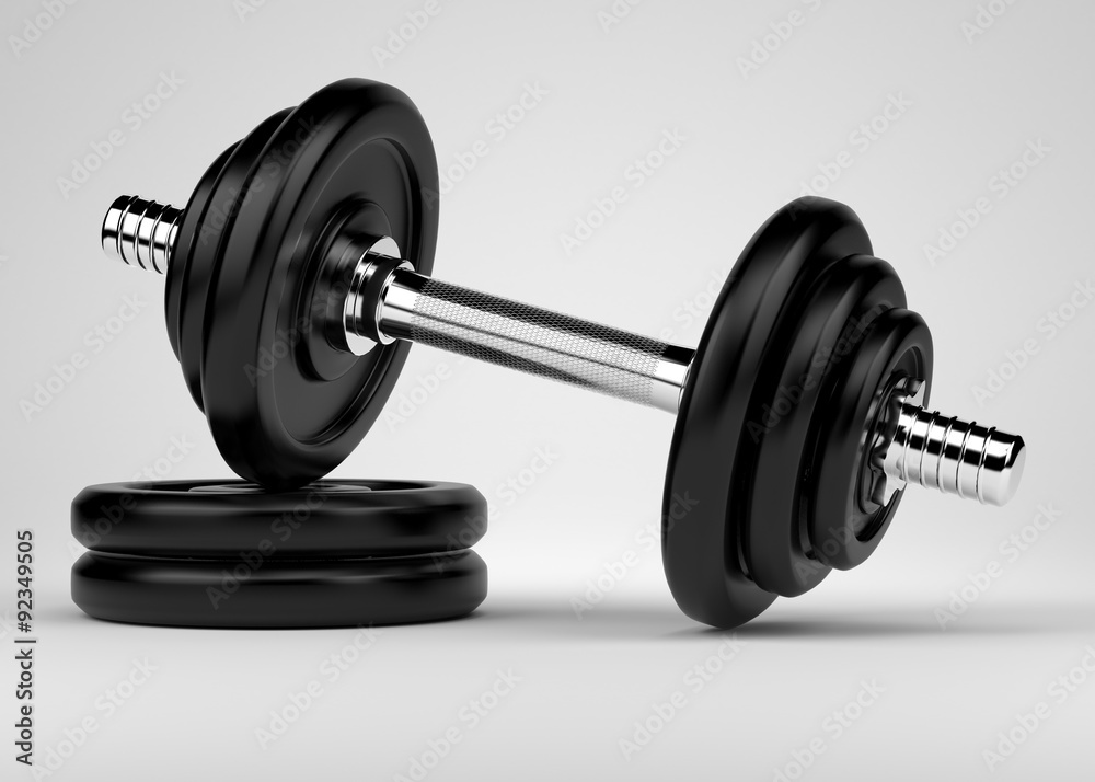 Naklejka premium Dumbbell with chrome handle. Free weights to workout in gym.