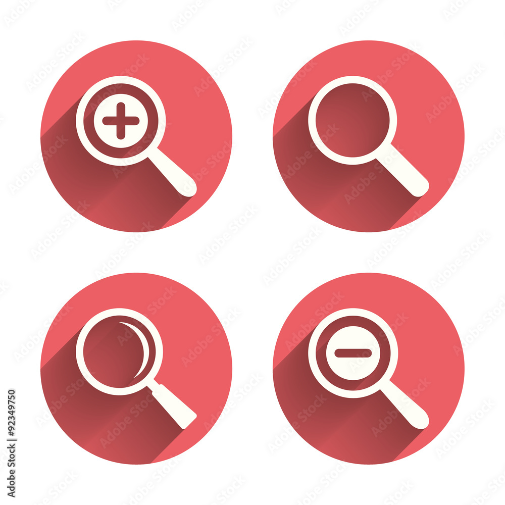 Magnifier glass icons. Plus and minus zoom tool. Magnifier glass icons. Plus and minus zoom tool.