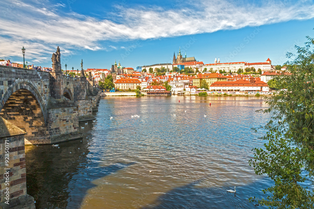 Panorama of Castle hill and Charles Bridge over Vltava river, Prague, Bohemia, Czech Republic