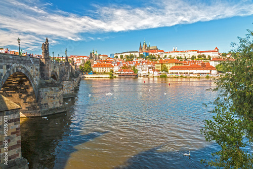 Panorama of Castle hill and Charles Bridge over Vltava river, Prague, Bohemia, Czech Republic