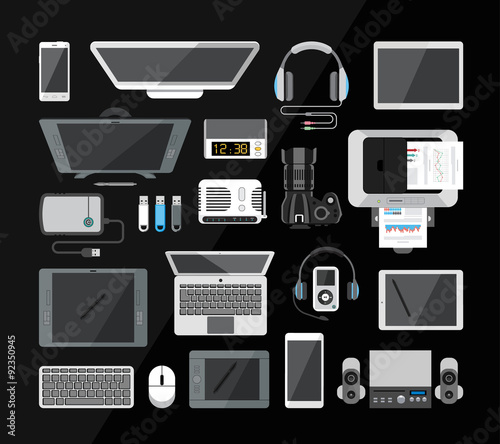 Set of high tech devices. Collection of modern technology icons from top  view. Flat design style.