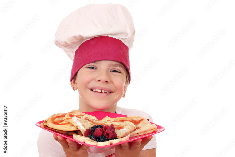 happy little girl cook with crepes portrait happy little girl cook with crepes portrait