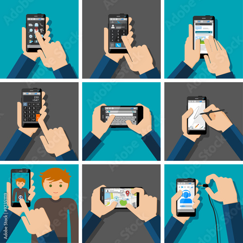 Hands holding touchscreen smartphones with applications on screens. Drawing, message, calculator, camera, map, chatt, message. 