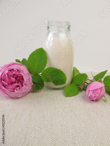 Rose yogurt drink and rose flowers