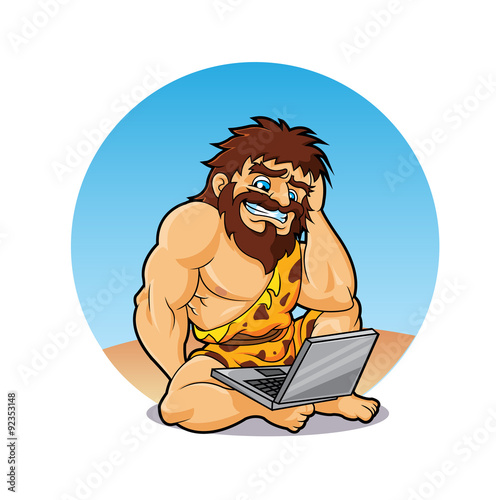 Caveman surprised to find a laptop