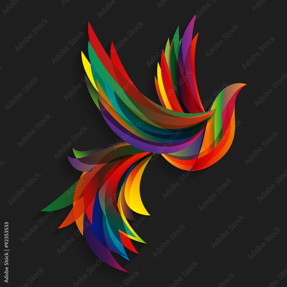 Abstract colorful bird.
Flying abstract colorful bird on a dark background.