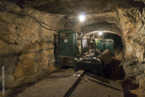 Underground tunnel of Limestone mine with train and locomotive in Bohemia, Czech Republic