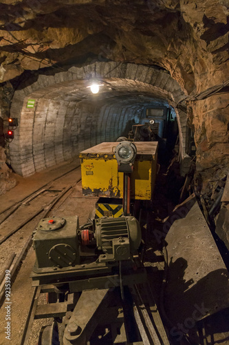 Underground tunnel of Limestone mine with train and locomotive in Bohemia, Czech Republic