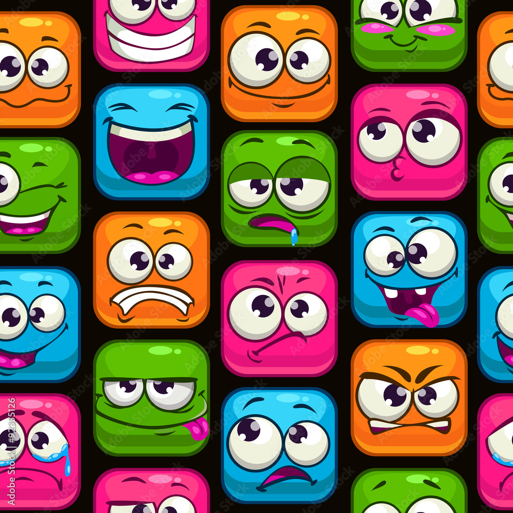 Seamless pattern with funny cartoon colorful faces