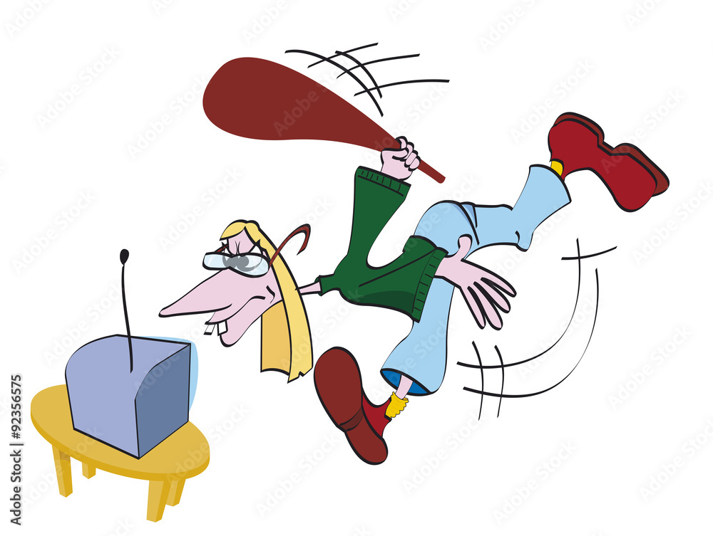 homme menaçant sa télé