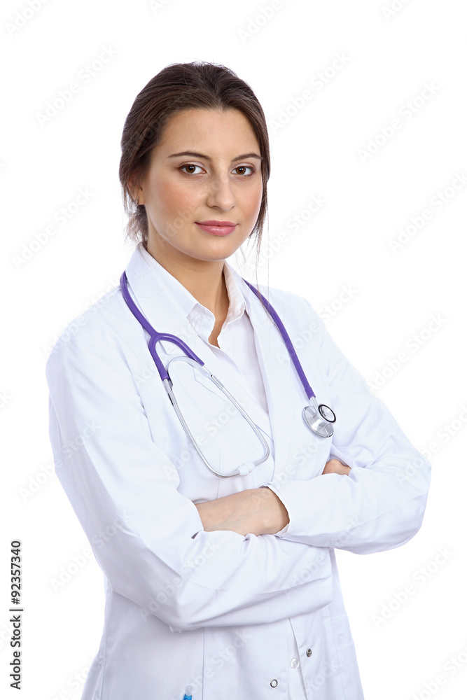Friendly smiling young female doctor, isolated over white background Friendly smiling young female doctor, isolated over white background