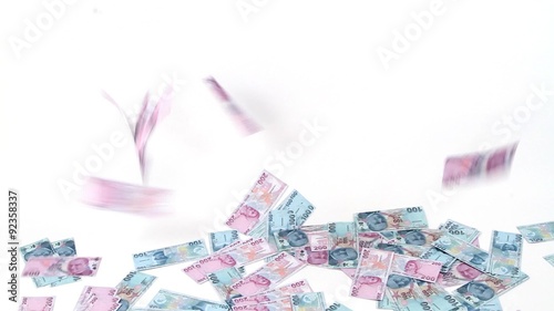 Turkish Lira banknotes rain on white background ( TRY or TL ) 100-200 TL