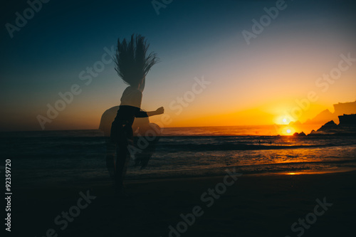 Multi Exposure, girl silhouette, sunset, sea