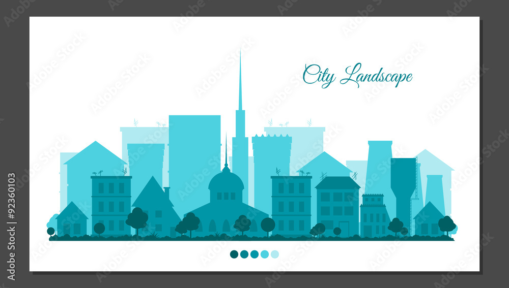 Flat city landscape in blue colors. Urban background for card, horizontal banner, presentation template, bag, web cite, real estate. Town vector illustration.