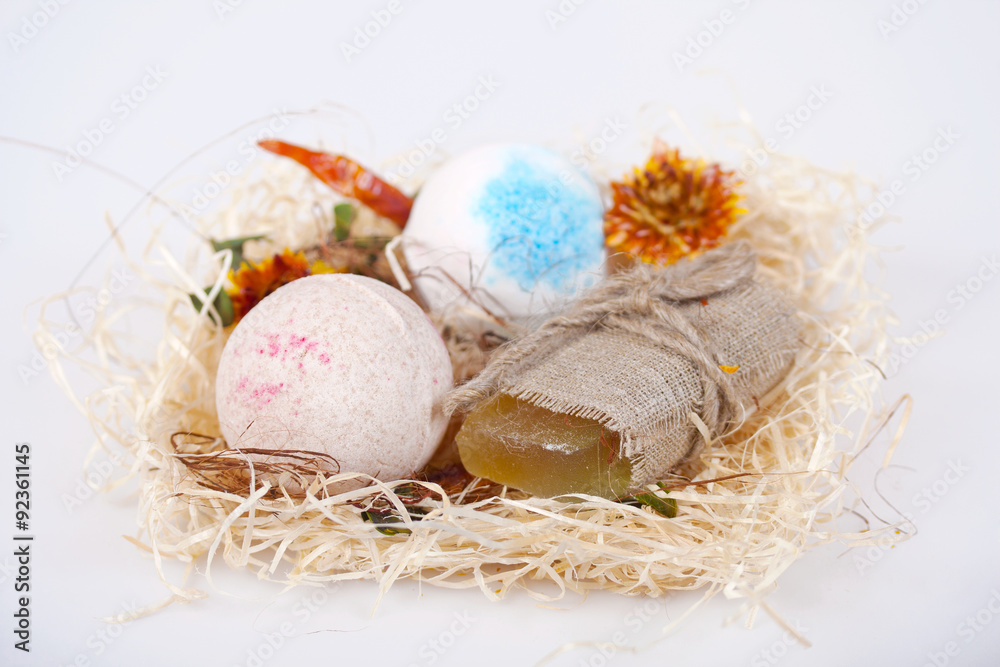Soap and bath beads on a white background Soap and bath beads on a white background