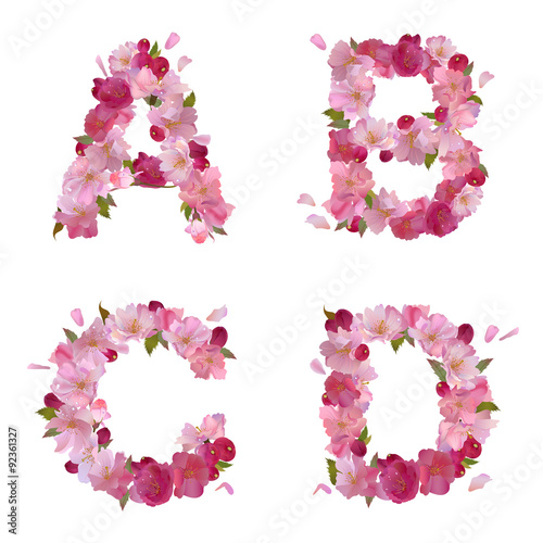 Spring alphabet with cherry flowers ABCD