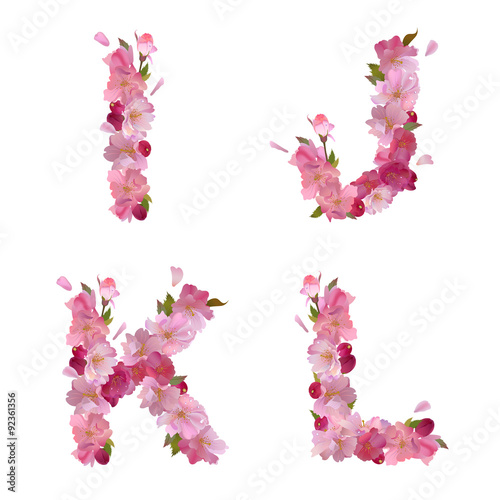 Spring alphabet with cherry flowers IJKL