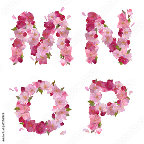 Spring alphabet with cherry flowers MNOP