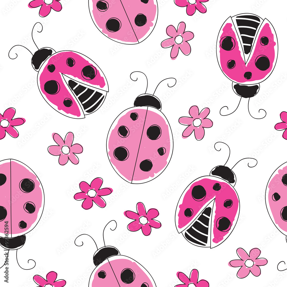 Fototapeta premium seamless ladybird and flowers pattern vector illustration