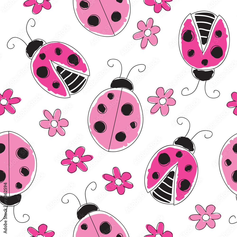 Obraz premium seamless ladybird and flowers pattern vector illustration