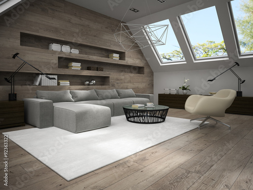 Quadro su tela Interior of stylish mansard room 3D rendering 4