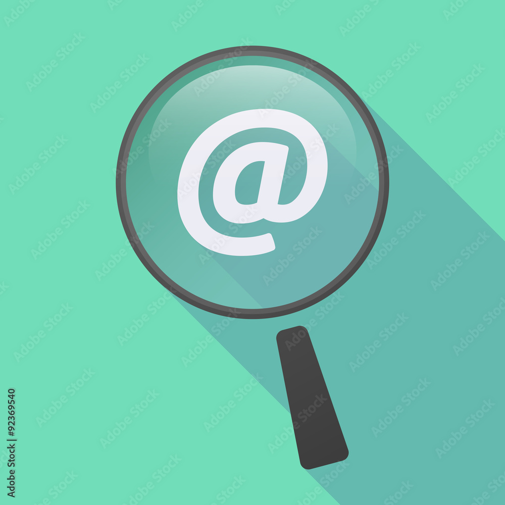 Long shadow magnifier icon with an at sign Long shadow magnifier icon with an at sign