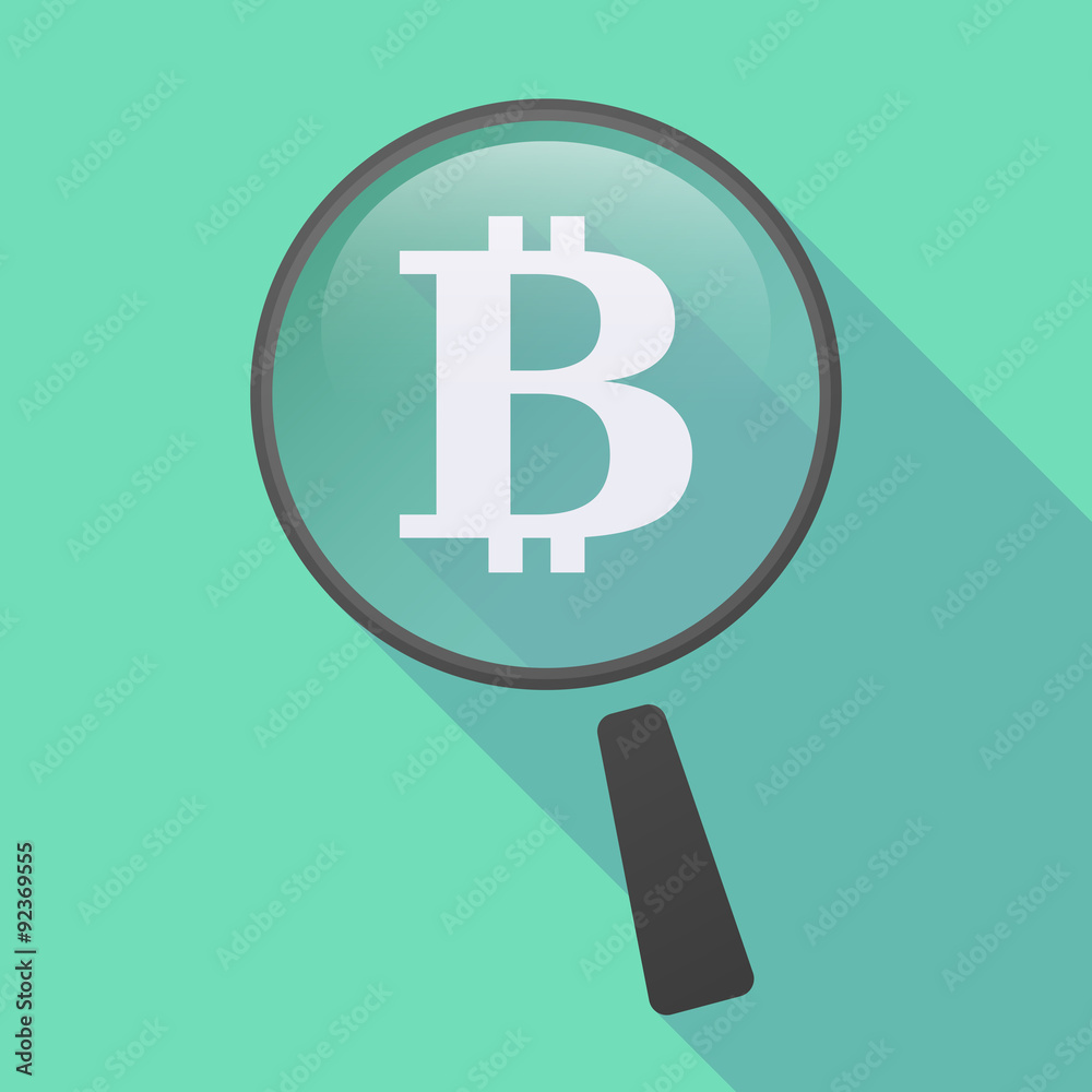 Long shadow magnifier icon with a bit coin sign Long shadow magnifier icon with a bit coin sign
