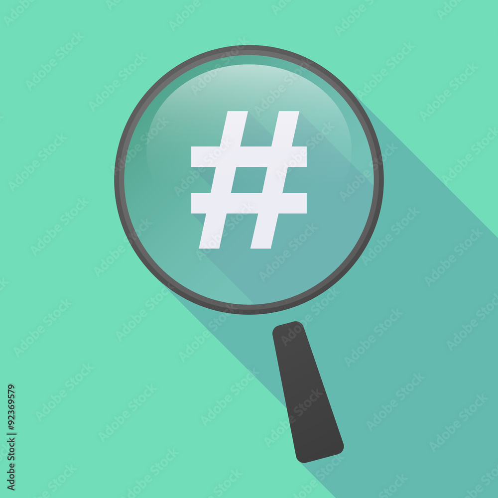 Obraz premium Long shadow magnifier icon with a hash tag