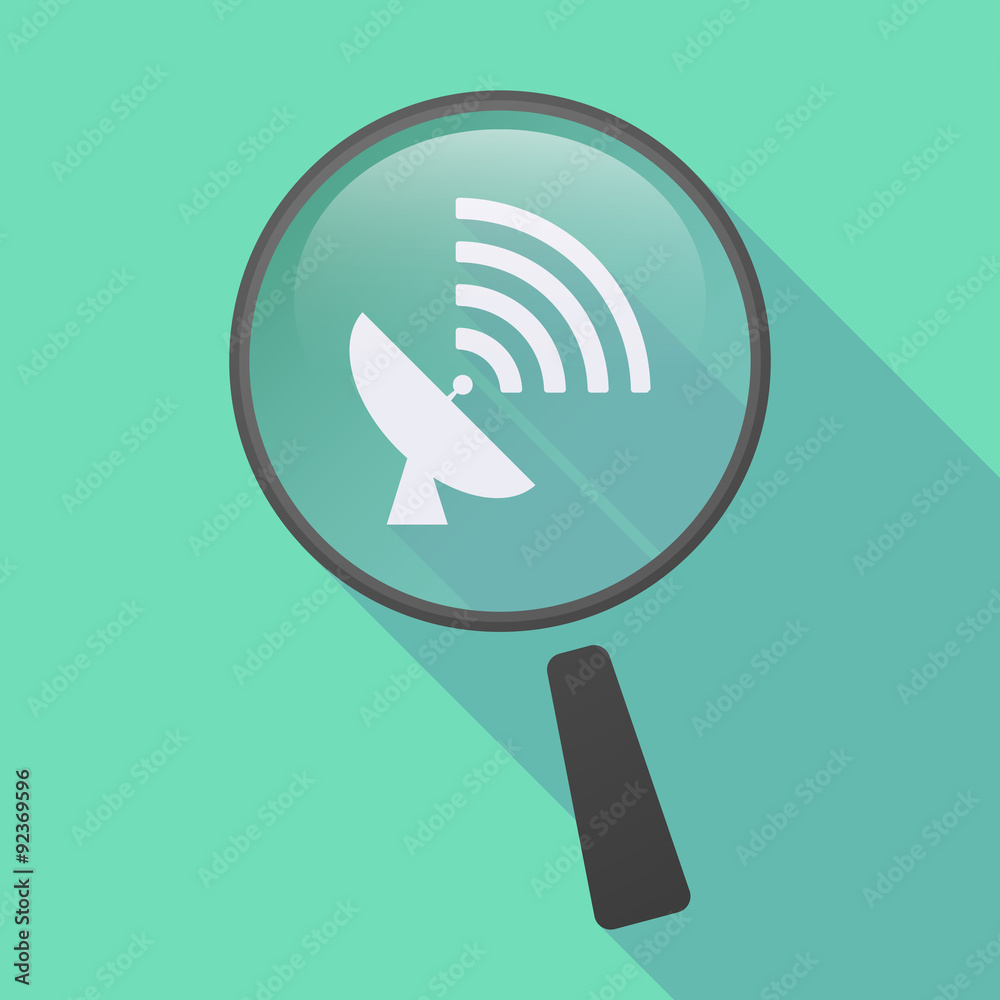 Long shadow magnifier icon with a satellite dish Long shadow magnifier icon with a satellite dish