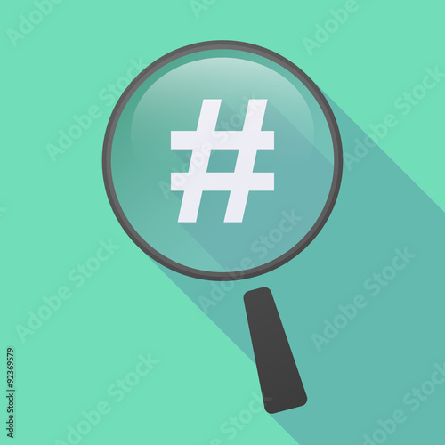 Long shadow magnifier icon with a hash tag