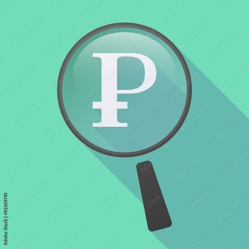 Long shadow magnifier icon with a ruble sign Long shadow magnifier icon with a ruble sign