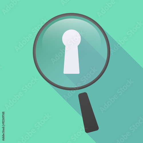 Long shadow magnifier icon with a key hole