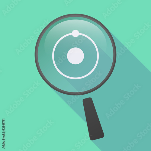 Long shadow magnifier icon with an atom
