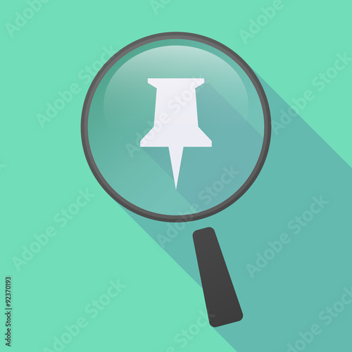 Long shadow magnifier icon with a push pin