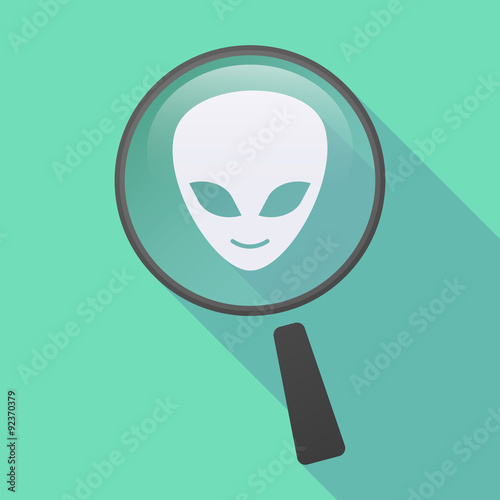Long shadow magnifier icon with an alien face