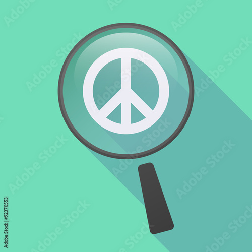 Long shadow magnifier icon with a peace sign